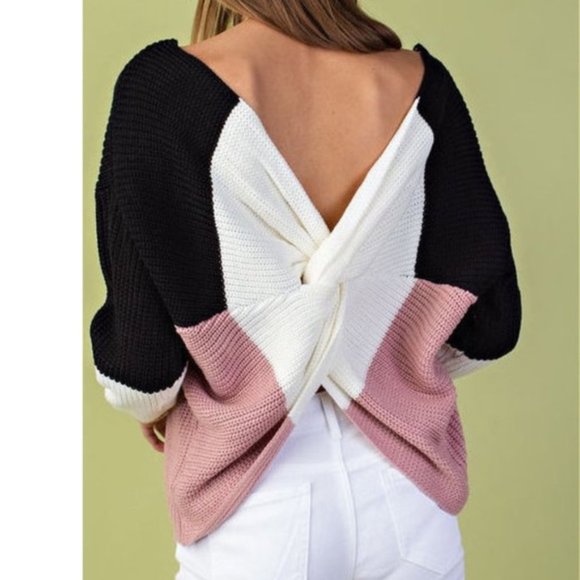 V-Neck Color Block Twisted Knot Back Sweater - Picture 2 of 5